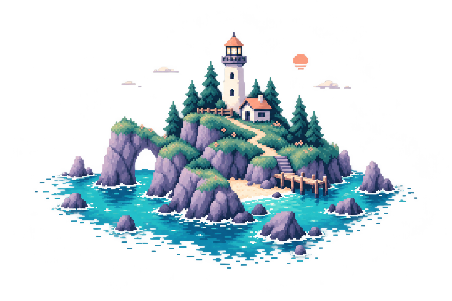 A pixel art lighthouse on a tiny coastal island